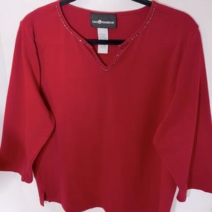 Sag Harbor Woman Red Embellished Neckline Pullover 3/4 Sleeve Top Size XL